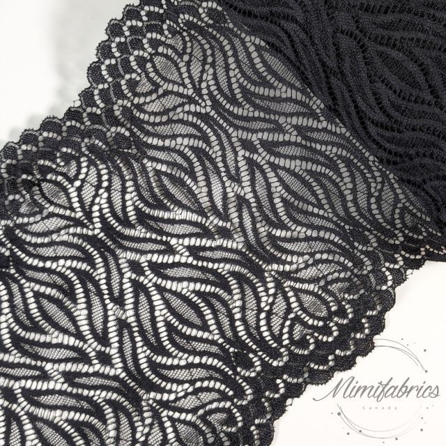 Elastic Lace Band 20cm wide - Flame Shapes with Scalloped Edges - Black Col. 14 (French Lace)