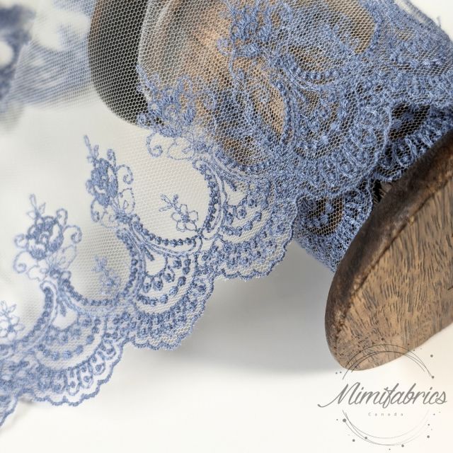 Embroidered Tulle Band 8cm wide with scalloped edge - Steel Blue Col. 21 (French Lace)