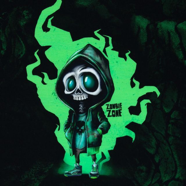 "Halloween Tales" by Thorsten Berger - French Terry Panel Approx 85cm x 160cm - Grass Green Zombie Jr. "Leif"