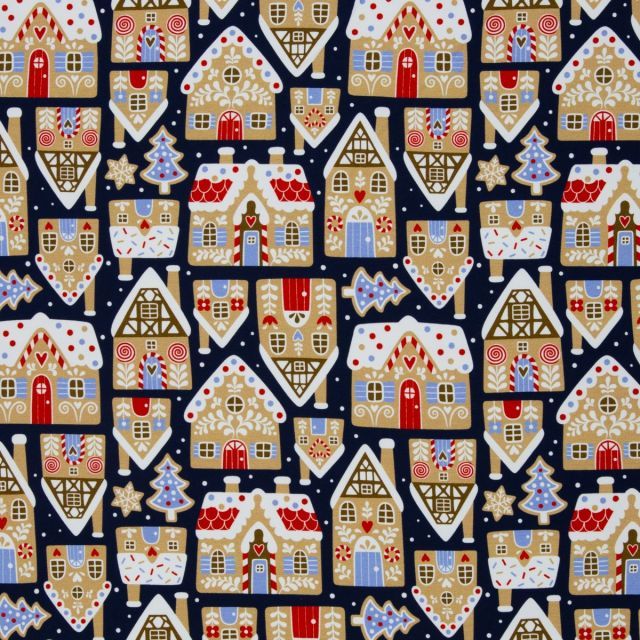"Holly" Gingerbread Houses on Blue - French Terry 
