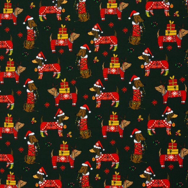 "Holly" Dogs in Christmas Sweaters Dark Green Background - French Terry 