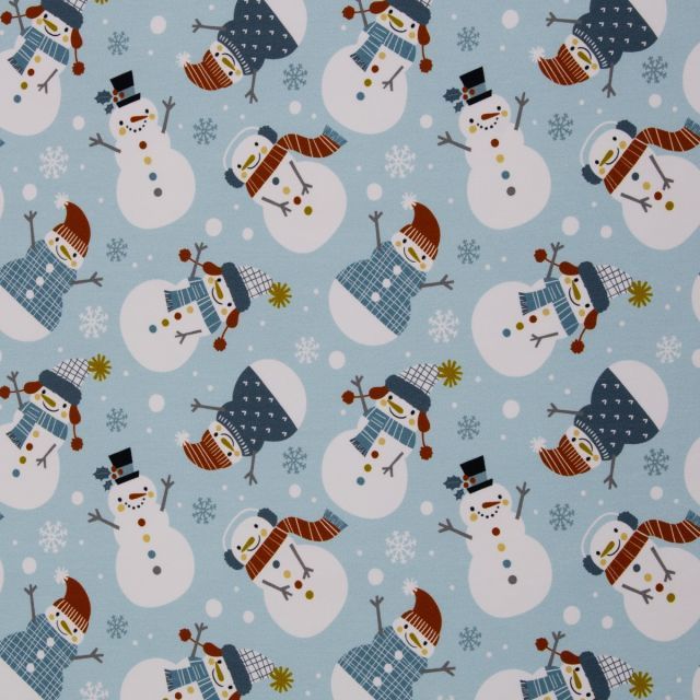 "Holly" Snowmen on Light Blue - French Terry 