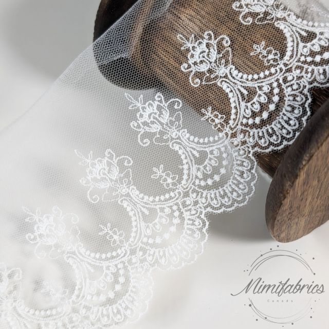 Embroidered Tulle Band 8cm wide with scalloped edge - White Col. 01 (French Lace)