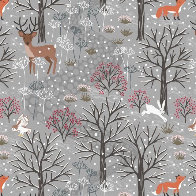 Winter in Bluebell Wood Flannel by Lewis & Irene - Winter Woods on Grey