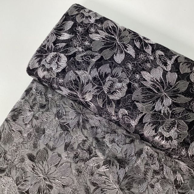 Embroidered Mesh - Silver Flowers on Black