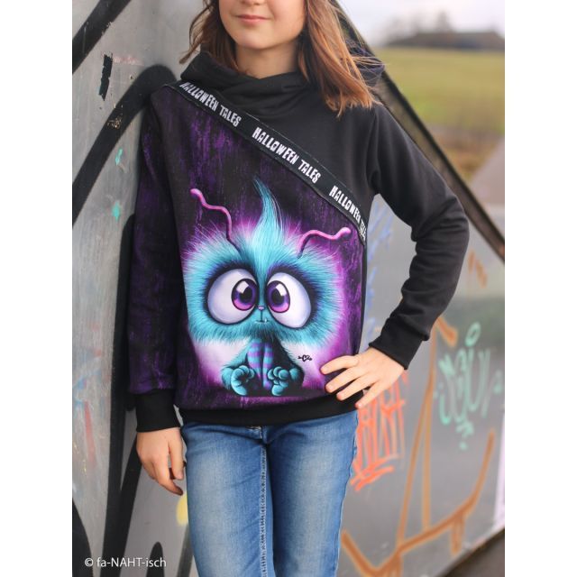 "Halloween Tales" by Thorsten Berger - French Terry Panel Approx 85cm x 160cm - Violet Monster "Nibbles"