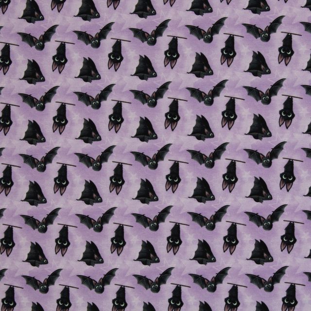 BOLT END - 135 CM - Cotton Jersey - "Bruce and Friends"  bats on purple - Swafing