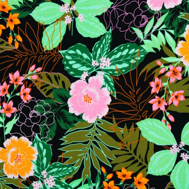 Viscose Challis Fabric - Tropical flowers on black "Julia" collection