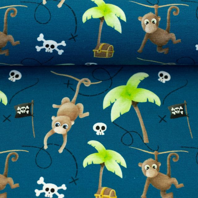 Cotton Jersey "Ahoi" Monkeys on Blue