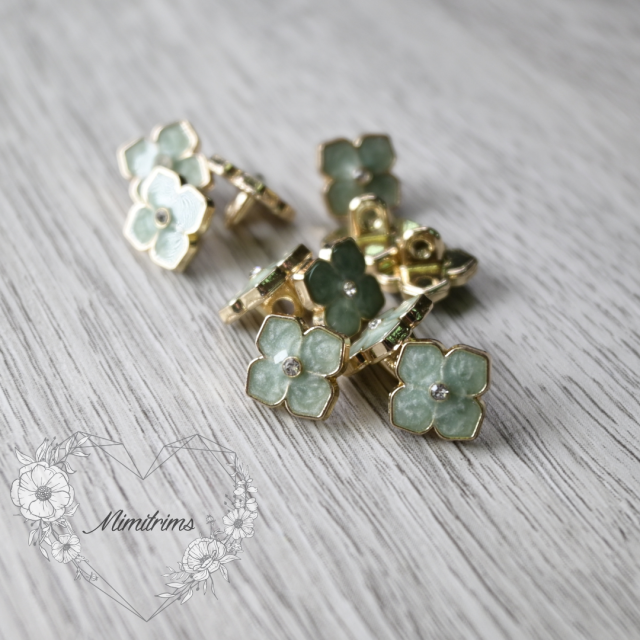 11 mm Flower Shank Button - Gold with Light Green Enamel - Metal ( 1 pcs) 