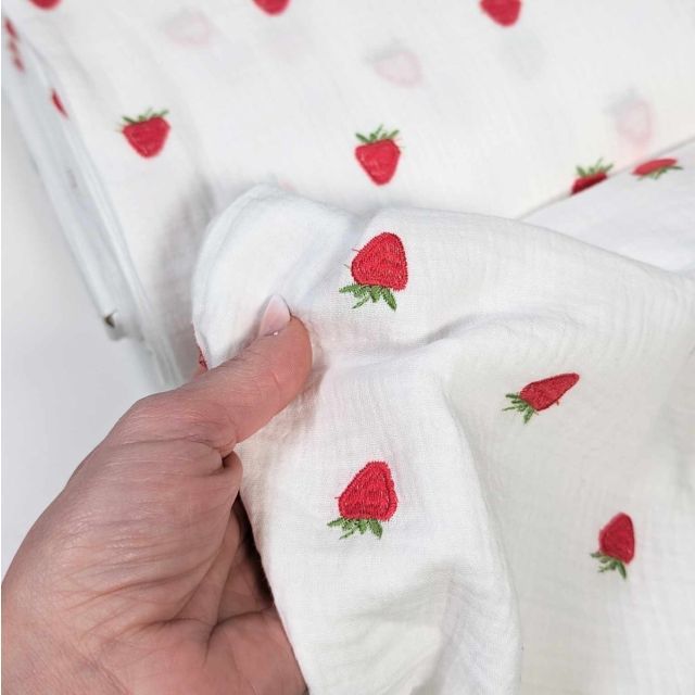 Double Gauze white Embroidered Strawberries
