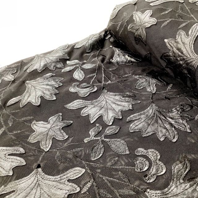 Embroidered Stretch Mesh - Black Faux Leather Leaves