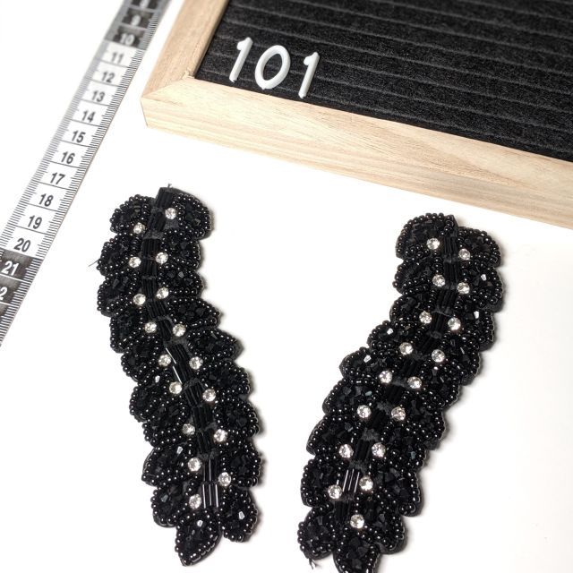 Patch 101 - Beaded Vine Black Shoulder Patch Embelishments (Sold as Pair) 15x6cm - Sew On