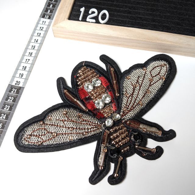 Patch 120 - Large Red and Brown Bee with Beads 20.5x15cm - Iron On