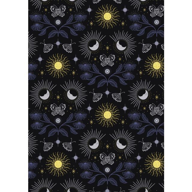 100% Cotton - Celestial garden on black with gold metallic per 1/2m