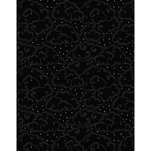 100% Cotton - Celestial clouds on black with gold metallic per 1/2m