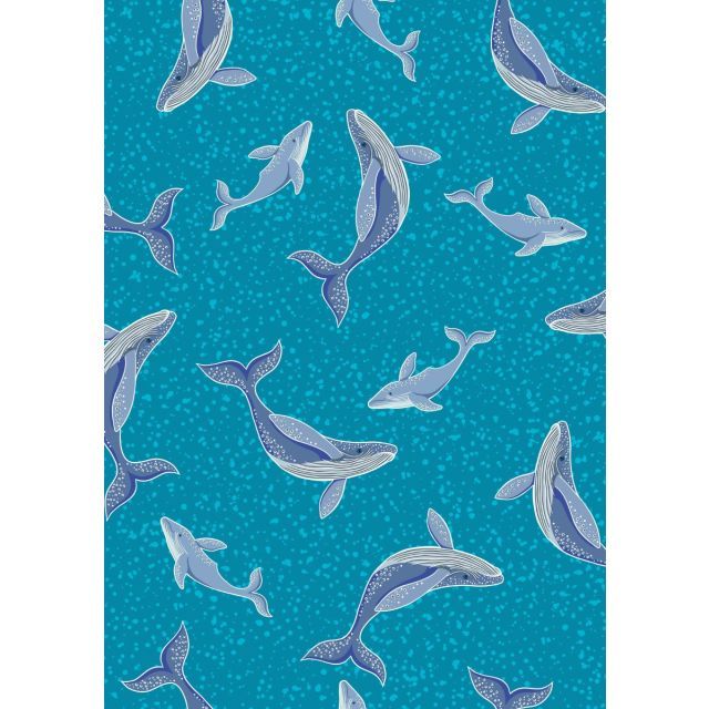 Ocean Glow by Lewis and Irene - Whales on sea blue with glow in the dark elements - 100% Cotton (Per 1/2m)