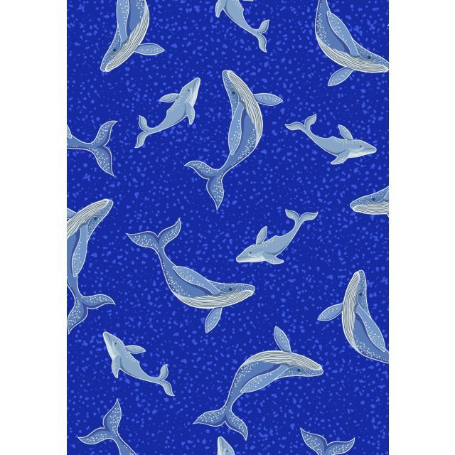 Ocean Glow by Lewis and Irene - Whales on bright blue with glow in the dark elements - 100% Cotton (Per 1/2m)