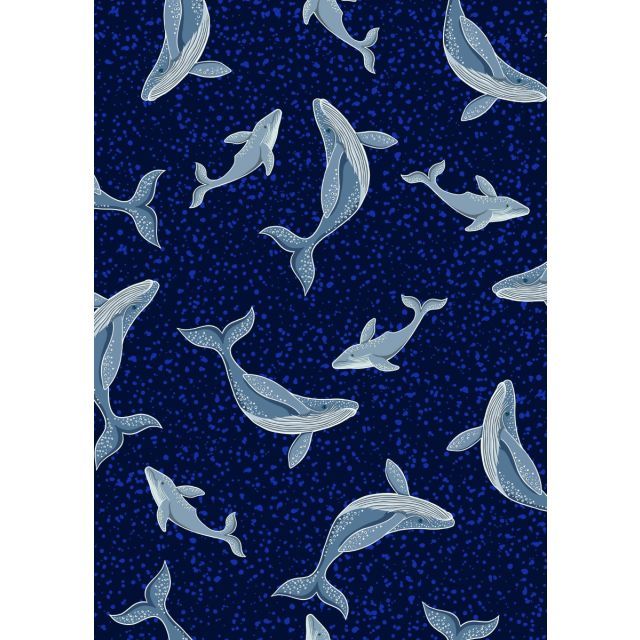 Ocean Glow by Lewis and Irene - Whales on dark blue with glow in the dark elements - 100% Cotton (Per 1/2m)