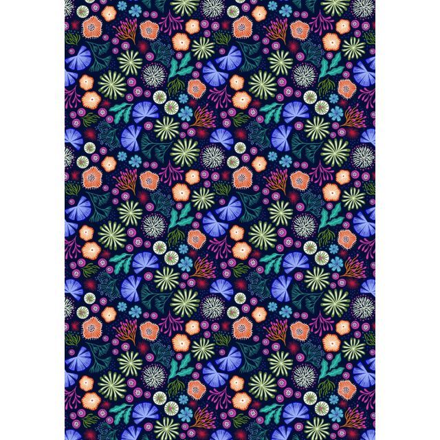 Ocean Glow by Lewis and Irene - Coral on dark blue with glow in the dark elements - 100% Cotton (Per 1/2m)