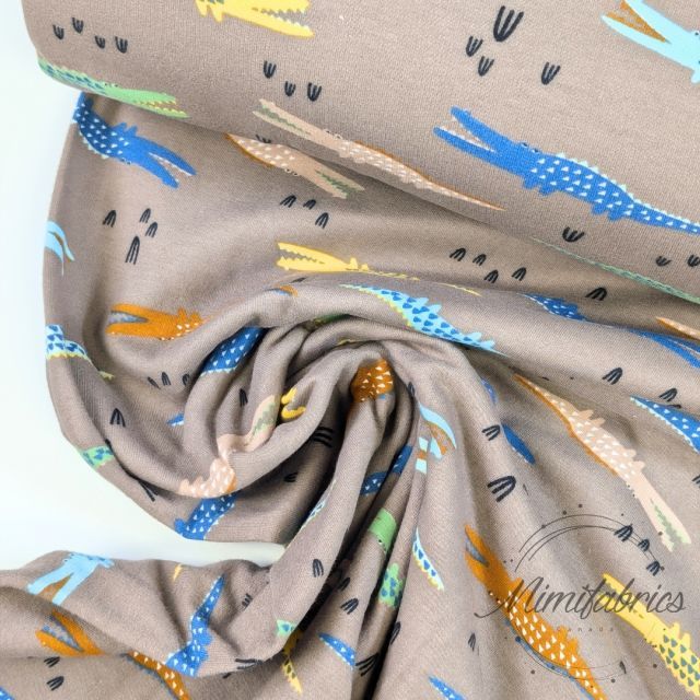 Colorful Crocodiles on Greige - Soft Sweat Fabric