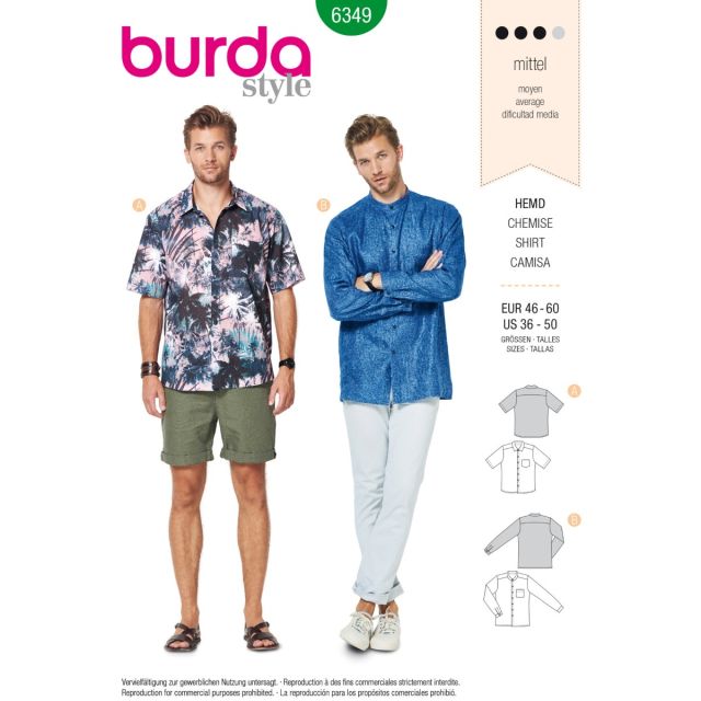 BURDA - 6349 - Men's Shirt Sewing Pattern - Level Medium