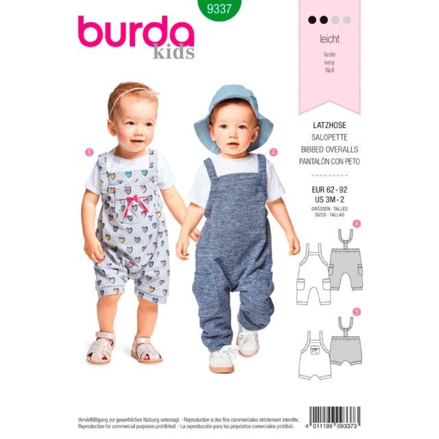 BURDA - 9337 - Kids Bibbed Overalls Sewing Pattern - Level Easy