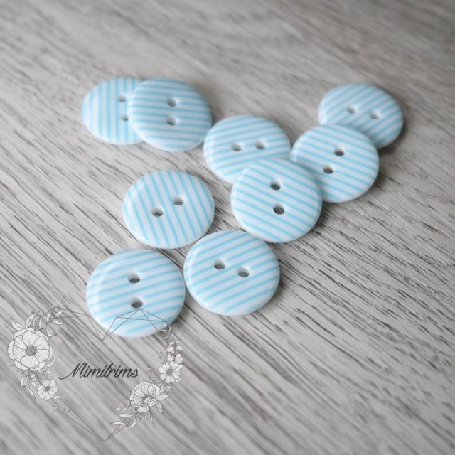 15 mm Plastic Button - Light Blue Stripes on White - 2 Hole (1 pcs)