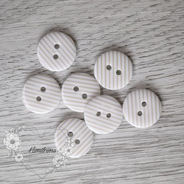 15 mm Plastic Button - Taupe Stripes on White - 2 Hole (1 pcs)