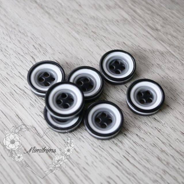 12 mm Resin Button - Black and Dark Grey Grey Circles - 4 Hole (1 pcs)