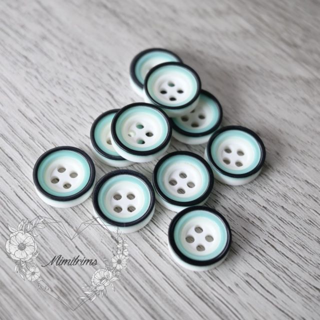 12 mm Resin Button - Black and Ocean Blue Circles - 4 Hole (1 pcs)