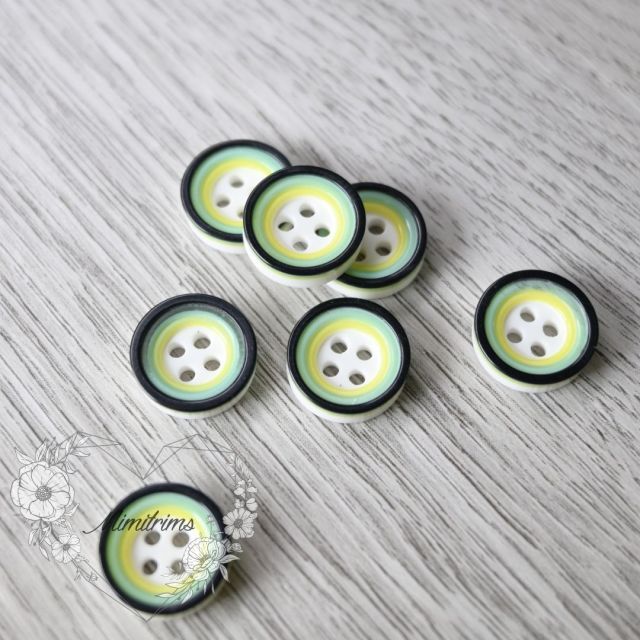 12 mm Resin Button - Black and Green Circles - 4 Hole (1 pcs)