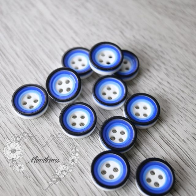 12 mm Resin Button - Black and Dark Blue Circles - 4 Hole (1 pcs)