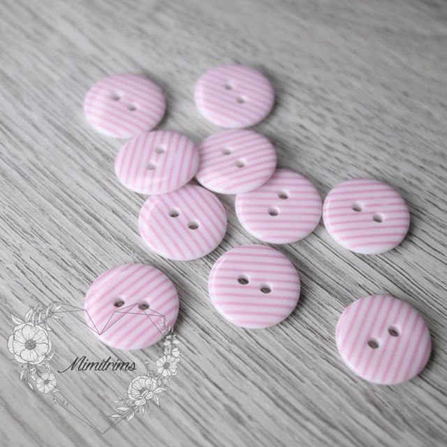 15 mm Plastic Button - Light Pink Stripes on White - 2 Hole (1 pcs)