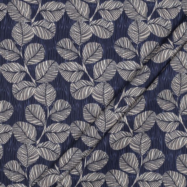 Coated Cotton - Leaves on Navy