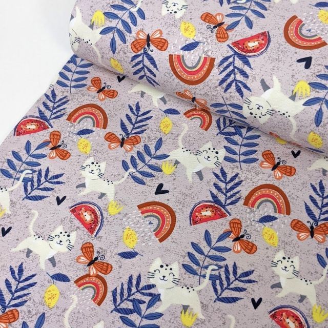 Cats and Rainbows on Jersey Knit - Lilac