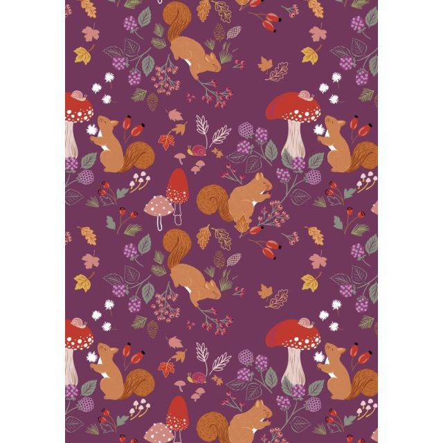 100% Cotton - Squirrelled Away by Lewis and Irene - A squirrels tale on mulberry purple per 1/2m