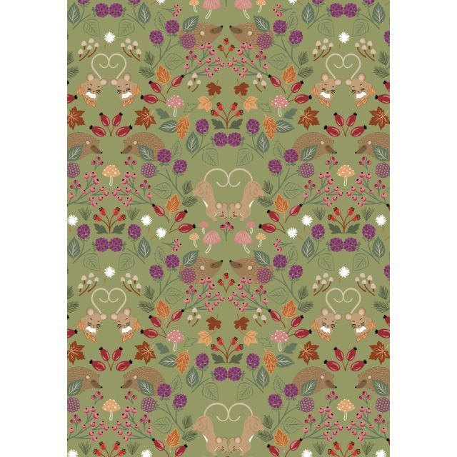 100% Cotton - Squirrelled Away by Lewis and Irene - Berry Thief on Moss Green per 1/2m