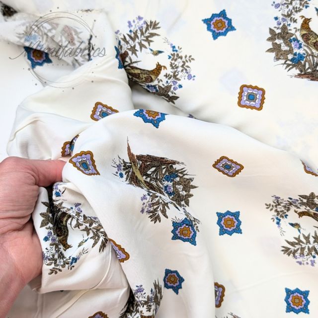 Viscose Challis - Pheasant on Off White