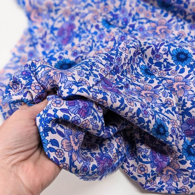 Viscose Challis "Chantal" - Blue and Periwinkle Flowers on Pink