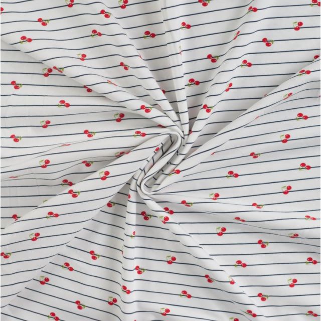 BOLT END - 100 CM - Cotton Jersey - Mini Cherries on Stripes