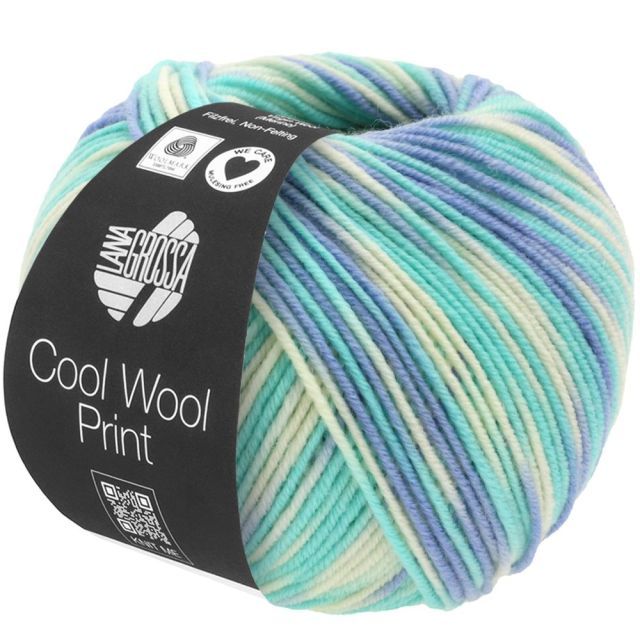 Cool Wool Print Superfine - Classic Merino Yarn - Blue/Turquoise/Ecru Col. 728 - 50g Skein by Lana Grossa