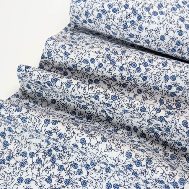 Cotton Poplin - Minimal Floral - Blue on White