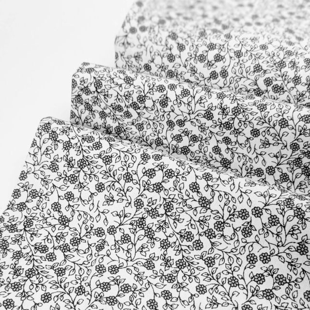 Cotton Poplin - Minimal Floral - Dark Grey on White