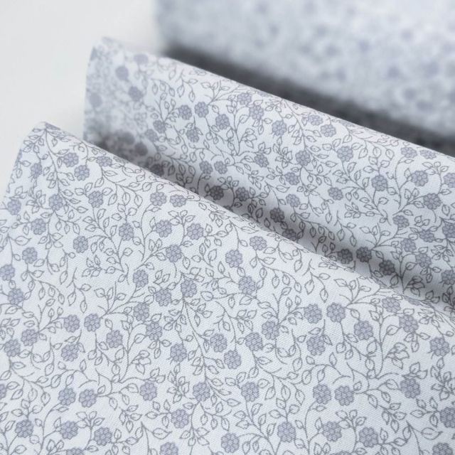 Cotton Poplin - Minimal Floral - Light grey on White