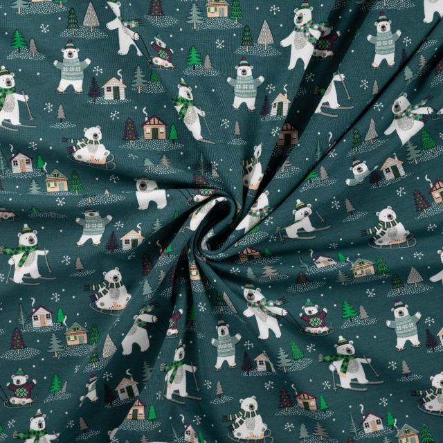 BOLT END - 150 CM - Polar Bears Skiing on Teal - Cotton Jersey