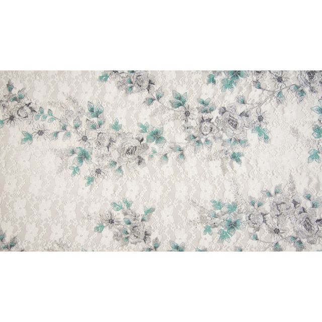 Stretch Lace White with Floral Embroidery in Silver and Mint