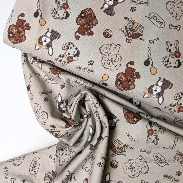 Cute Dog Drawings on Taupe - Jersey Knit 