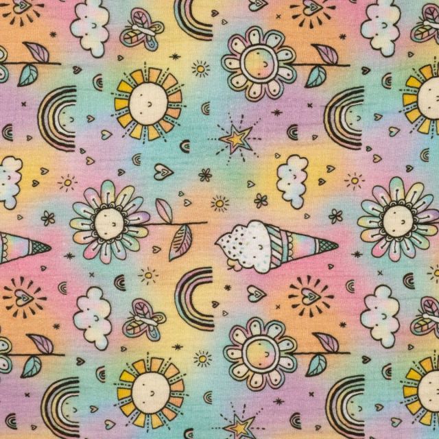 BOLT END - 180CM - Rainbow, Ice Creams and Flowers - Double Gauze - Multicolor