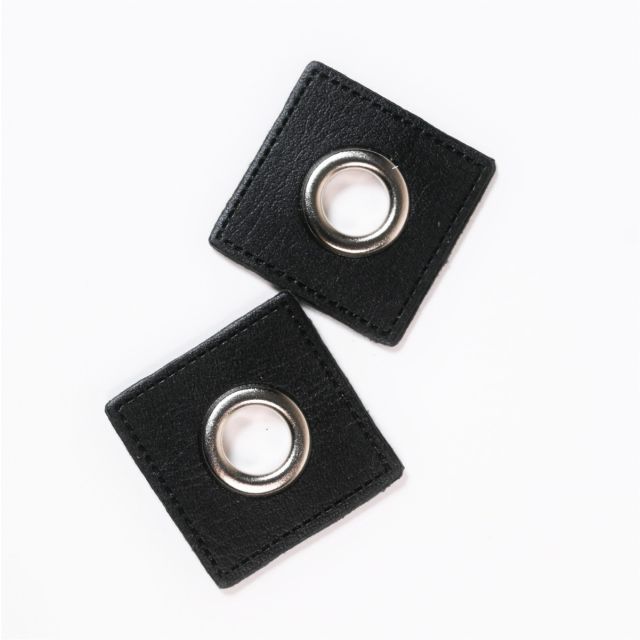 Eyelet Patches - Black Faux Leather Squares - Silver (Set of 2)